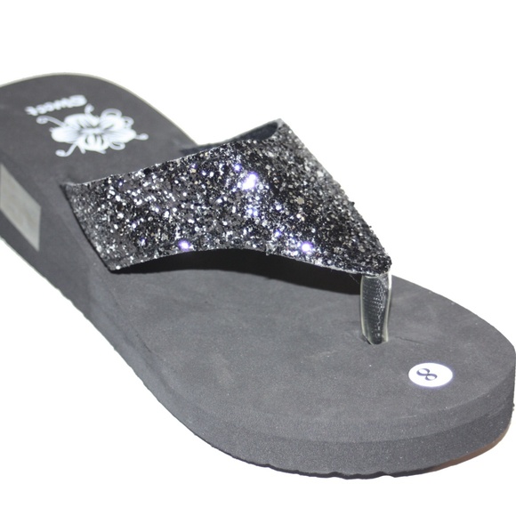 Sweet Glitter Black Wedge Flip Flop Sandals Black - Picture 1 of 2